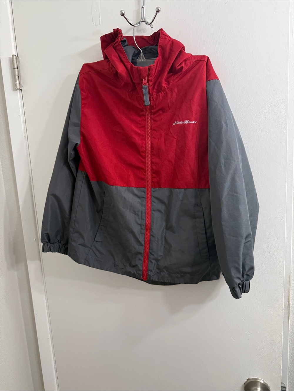 Eddie Bauer Red and Gray Kids' Rain Jacket with Hood